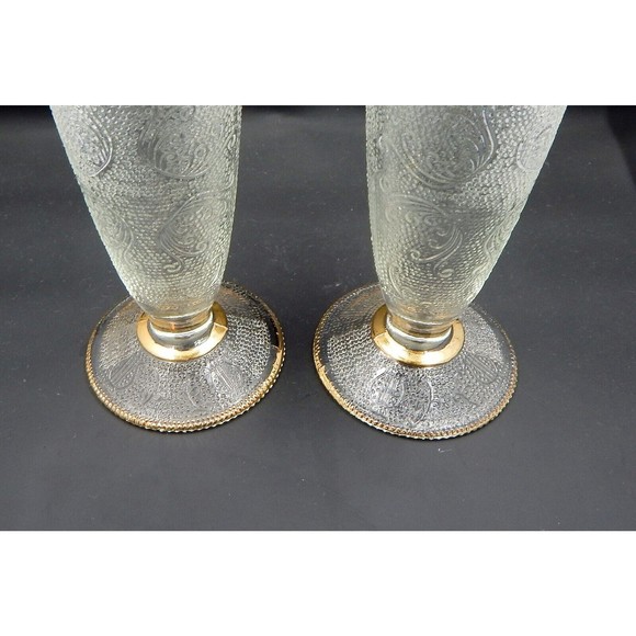 Jeannette Glass Harp Pattern Gold Trimmed Footed Vase Pair - Picture 10 of 11